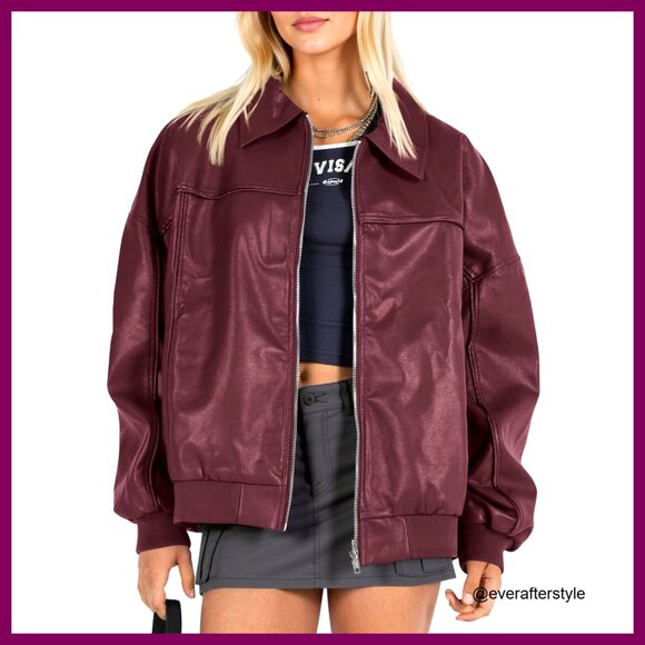 Oversized Faux Leather Bomber Jacket Moto Biker Coat Zip Up Fall Fashion